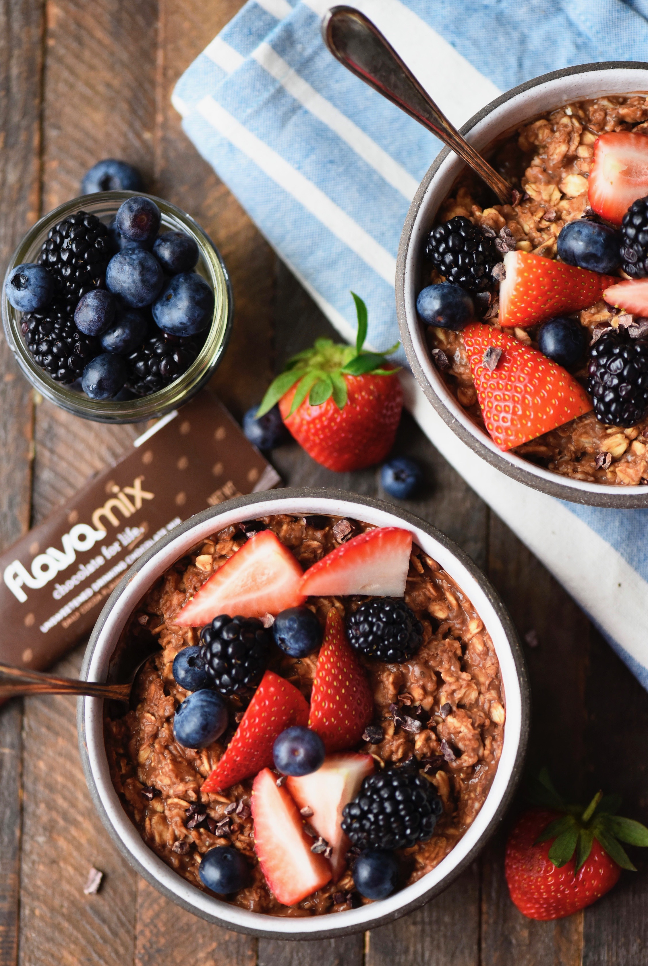 Chocolate Oatmeal with Fresh Berries, FlavaMix Unsweetened Drinking Chocolate, 900mg Cocoa Flavanols